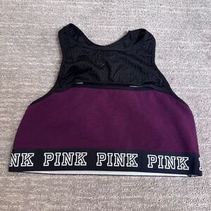 PINK Victorias Secret Black Purple Logo High Neck Crop Top Sports Bra Large